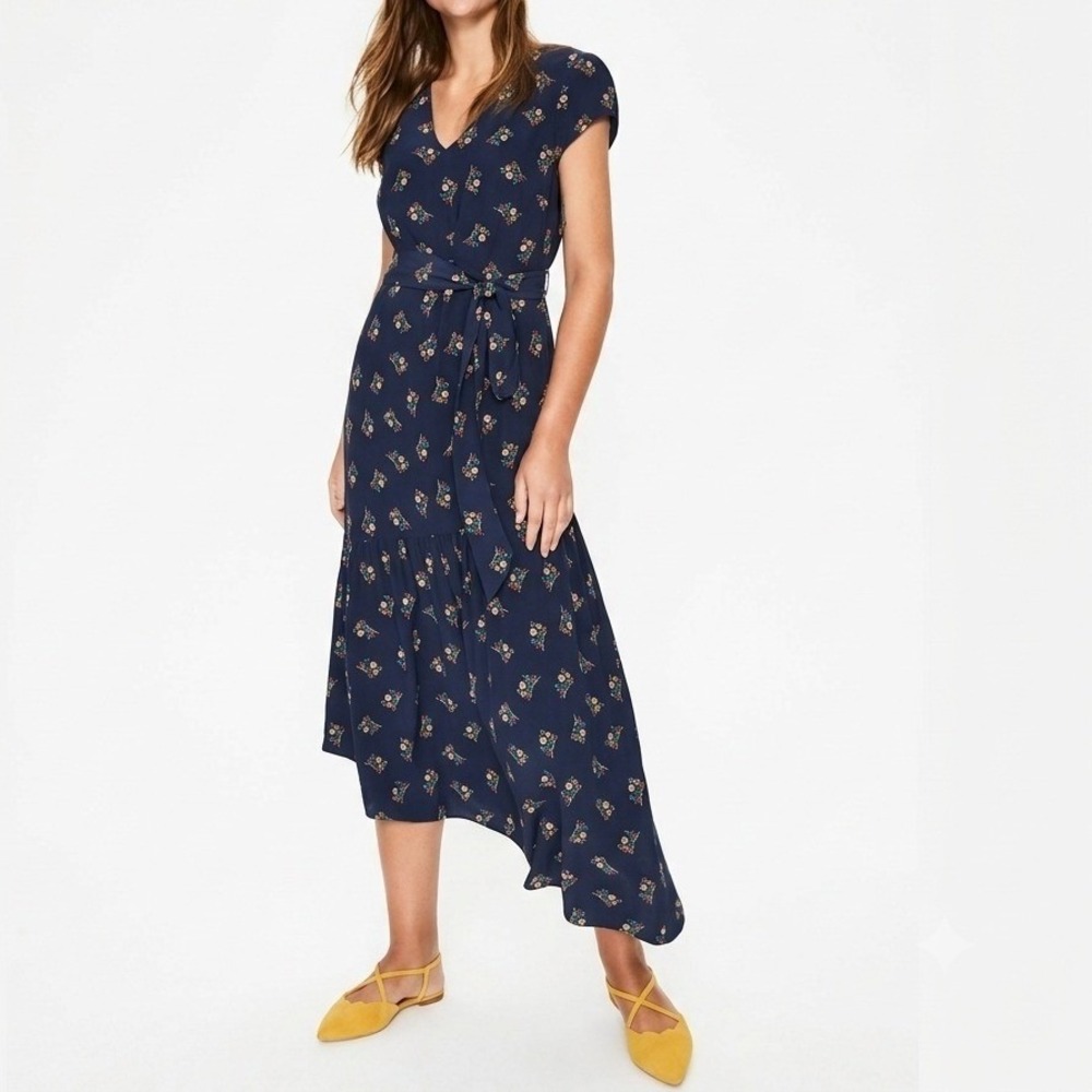 Boden Midi Dress Size 18 Navy Floral V-Neck Tiered Asymmetric Hem Preppy NWT
